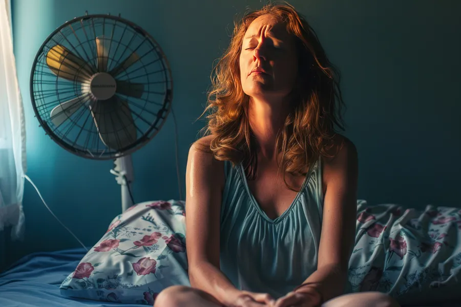 A middle-aged red-haired woman sits in bed sweating with a fan behind her, unable to sleep. Get treatment for hot flashes and night sweats from Carolyn Zaumeyer, MSN, APRN at LowTE Florida® in Greater Fort Lauderdale.